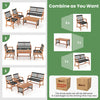 4-piece acacia wood patio conversation set with hand-woven rope, featuring a table and chairs for backyard relaxation.