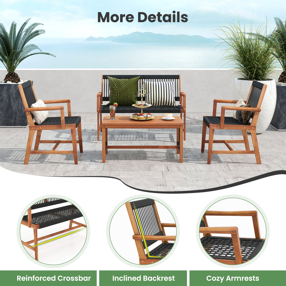 4-piece acacia wood patio conversation set with inclined backrest and hand-woven rope, perfect for backyard relaxation.