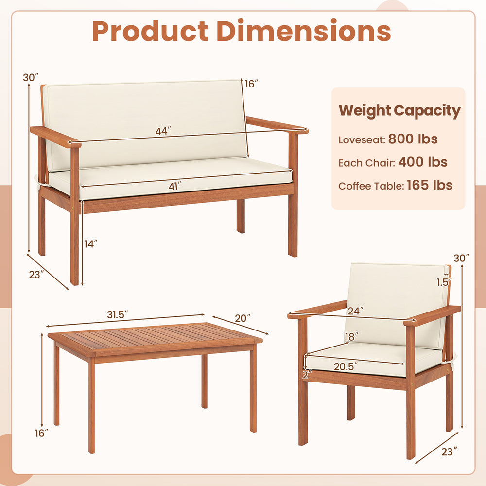 Dimensions of the 4-piece patio furniture set featuring acacia wood loveseat, chairs, and coffee table for outdoor.