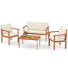 4-piece patio furniture set featuring acacia wood chairs and table with white cushions, perfect for outdoor relaxation.