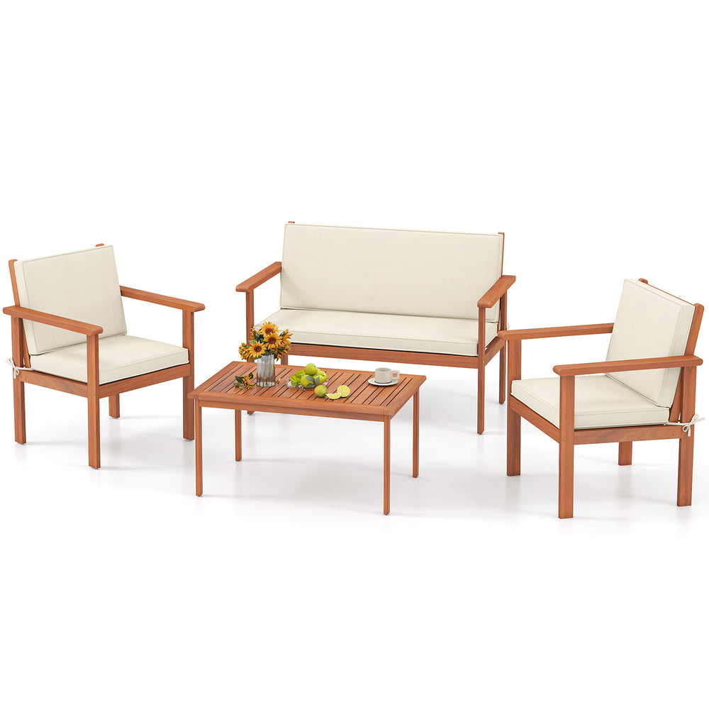 4-piece patio furniture set featuring acacia wood chairs and table with white cushions, perfect for outdoor relaxation.