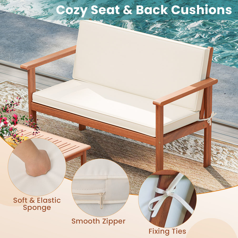 Cozy loveseat with soft sponge cushions and smooth zippers, made of durable acacia wood for outdoor patio use.
