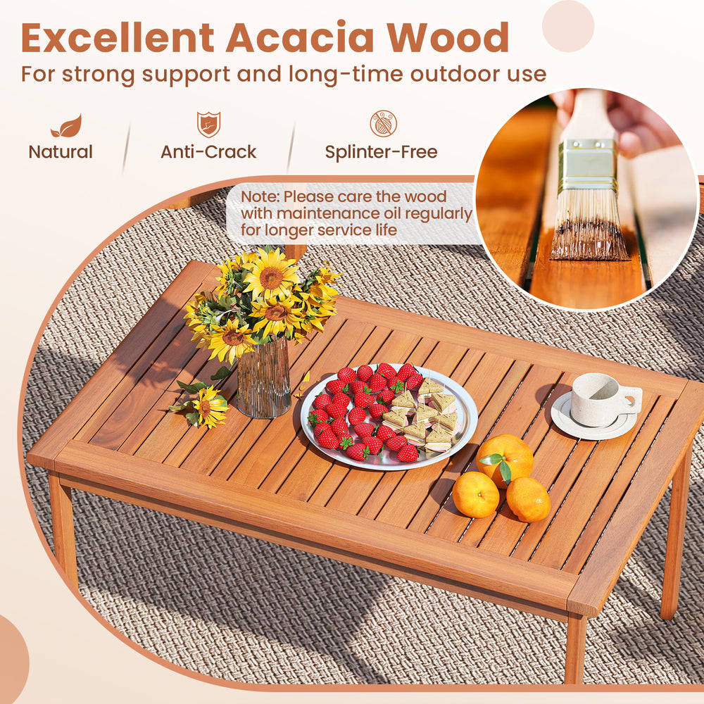 Acacia wood coffee table showcasing natural finish, ideal for outdoor use with a durable and stylish design.