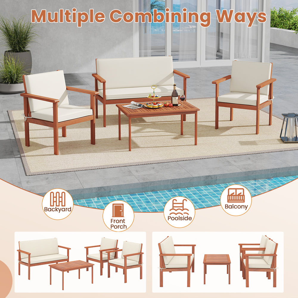 4-piece patio furniture set featuring acacia wood chairs and table, ideal for outdoor spaces like gardens and poolside.