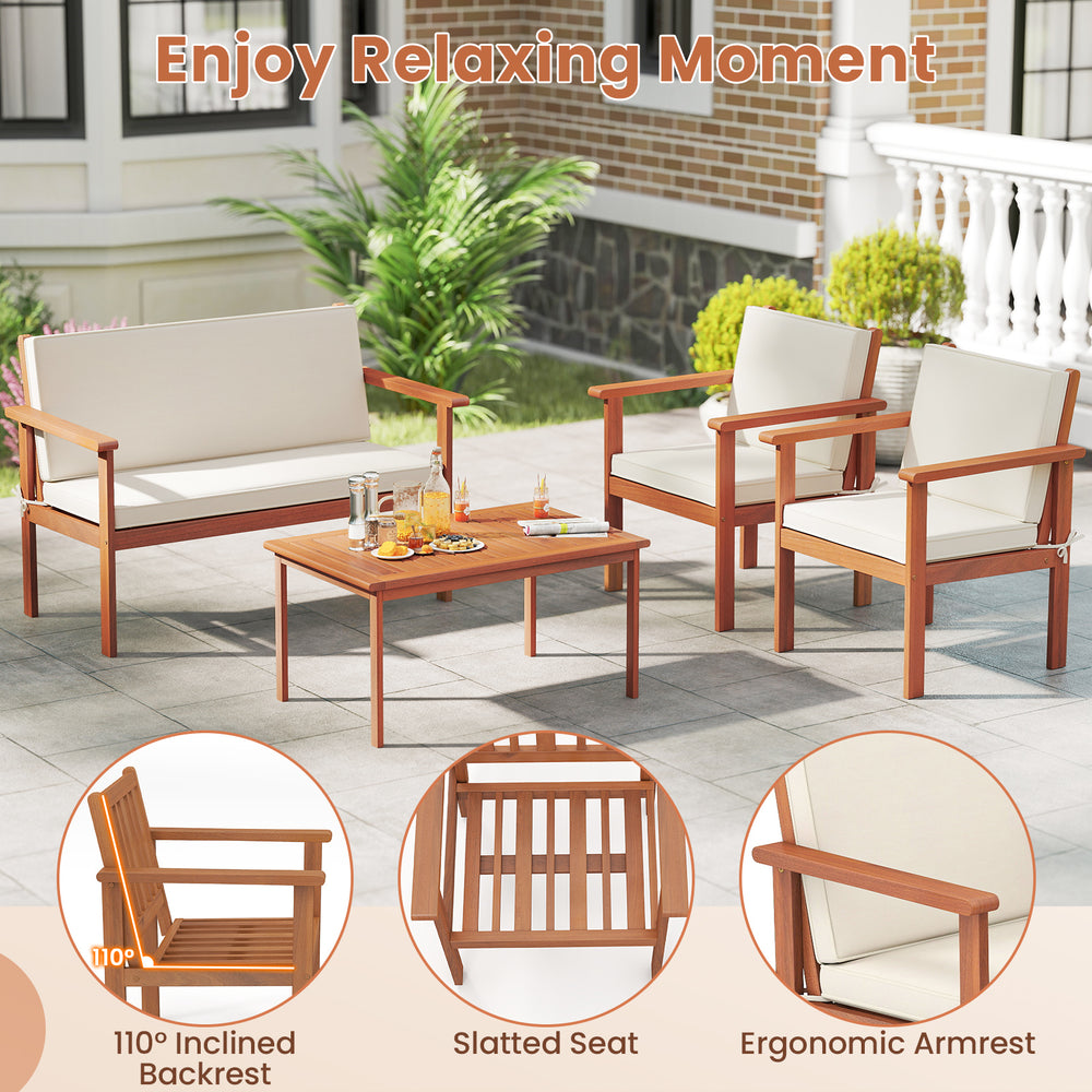 Patio furniture set featuring acacia wood chairs and table with white cushions, perfect for outdoor relaxation.