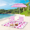 Beach umbrella set featuring 2 foldable chairs and a pink picnic blanket, perfect for sun protection and outdoor.