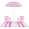 Beach umbrella set with 2 foldable pink chairs and a large picnic blanket for sun protection and outdoor relaxation.