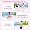 Portable 4 pieces beach set with pink umbrella, 2 foldable chairs, and a blanket for sun protection and comfort.
