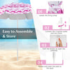 Beach umbrella set with pink canopy, 2 foldable chairs, and picnic blanket for sun protection and outdoor relaxation.