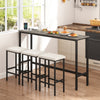 Counter height bar table with gray wood-like surface and three padded stools, ideal for kitchen or breakfast nook.
