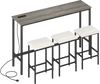 Counter height bar table with gray wood-like surface and three padded stools, featuring built-in power outlets for.