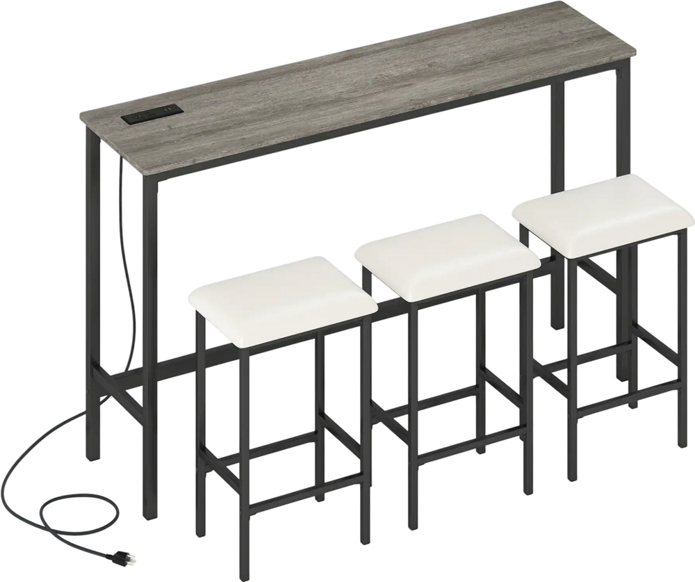 Counter height bar table with gray wood-like surface and three padded stools, featuring built-in power outlets for.