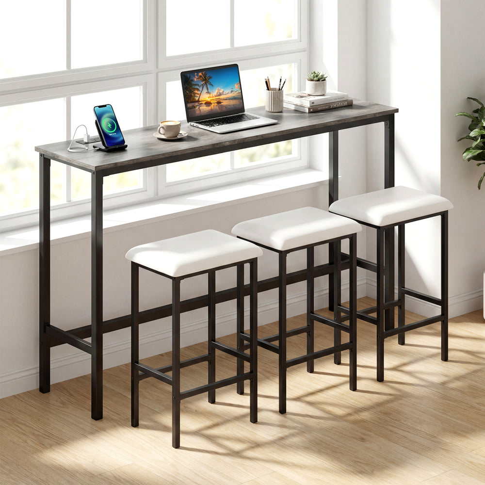Counter height bar table with gray wood-like surface and three padded stools, ideal for kitchen island or breakfast.