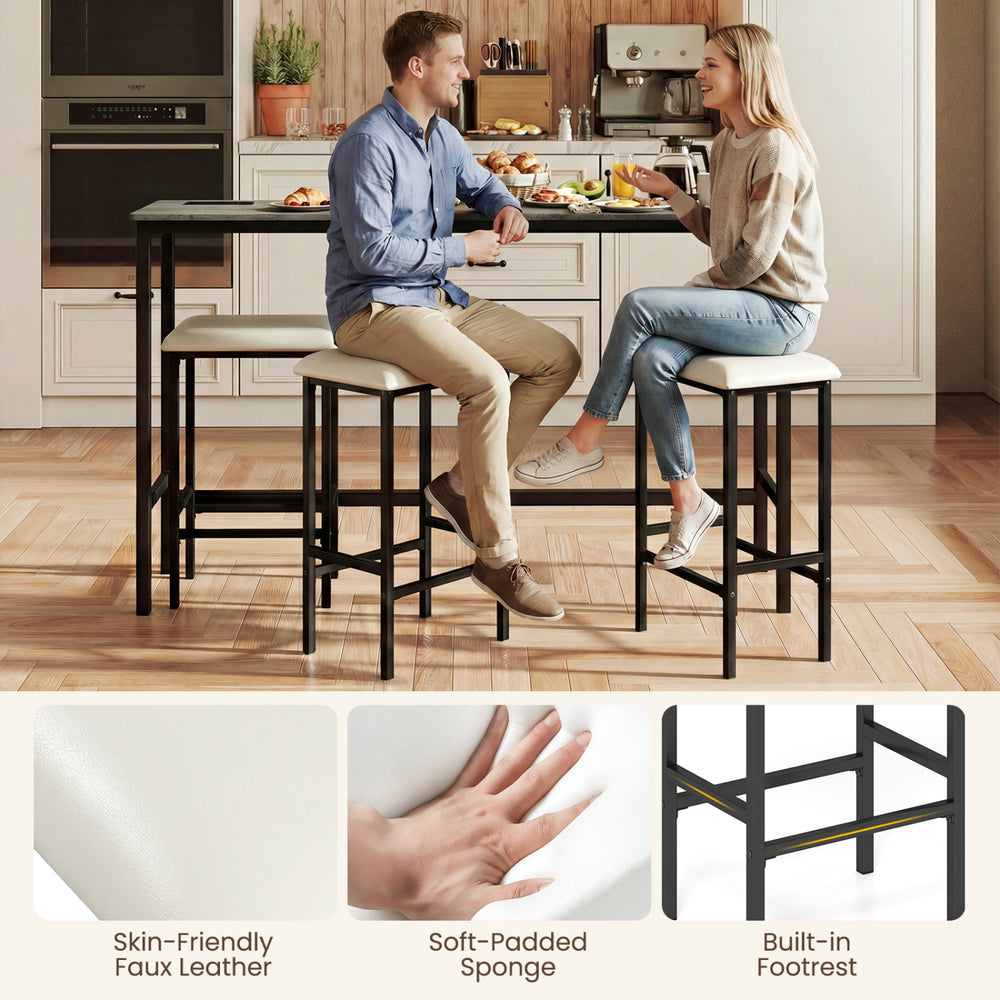 Counter height bar table set with gray padded stools, featuring built-in outlets and USB ports for convenient charging.