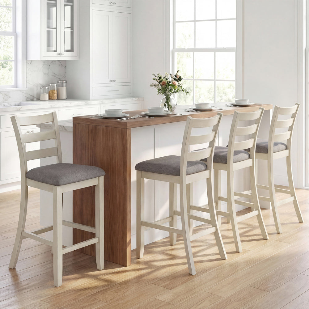 Counter height chairs in beige with fabric seats and rubber wood legs, ideal for family meals and gatherings.