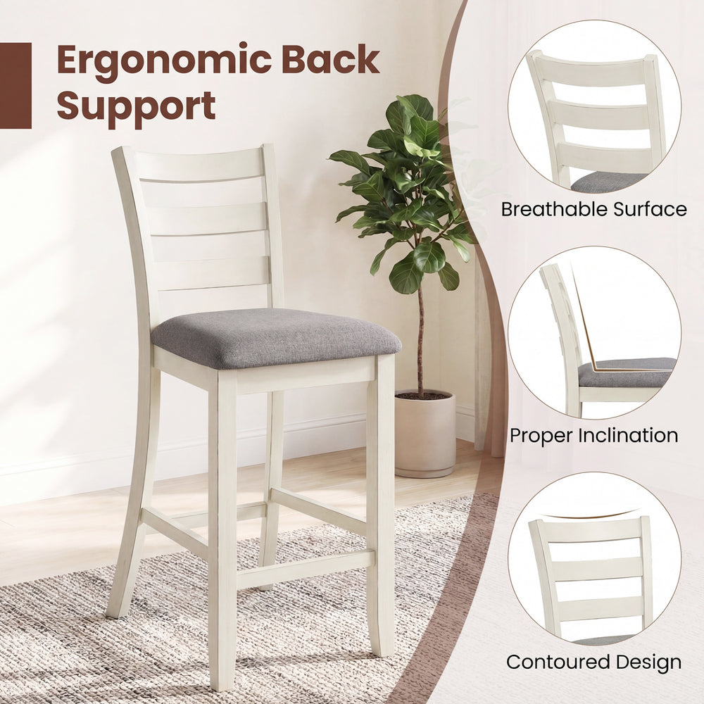 Counter height chair with beige fabric seat and rubberwood legs, featuring ergonomic back support for comfort.
