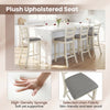Counter height chair with beige linen fabric seat and rubber wood legs, designed for comfort and elegance in dining.
