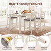 Counter height chairs with beige fabric seats and rubber wood legs, featuring a comfortable footrest for relaxed dining.