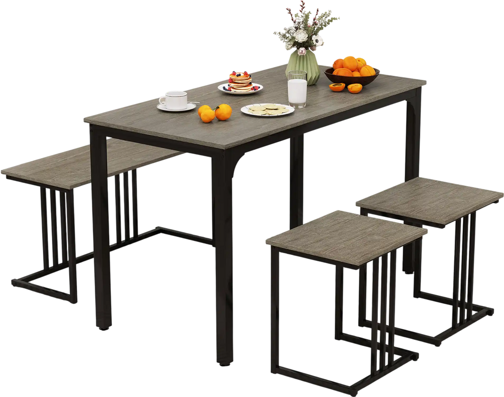 Space-saving dining table set with oak finish, featuring a bench and 2 stools, ideal for meals and work in compact.