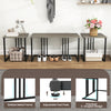 Space-saving dining table set with oak finish, featuring a sturdy metal frame, bench, and two stools for four persons.