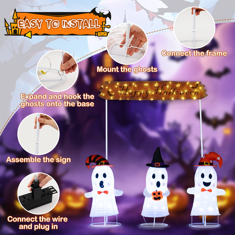 Four-piece Halloween decoration set featuring three LED-lit ghosts and a "Happy Halloween" sign for outdoor displays.