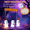 Four-piece Halloween decoration set featuring three LED-lit ghosts and a "Happy Halloween" sign for festive outdoor.