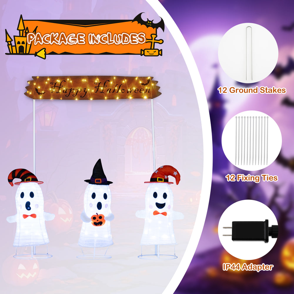 Four-piece Halloween decoration set featuring LED-lit ghosts and a "Happy Halloween" sign for festive outdoor displays.