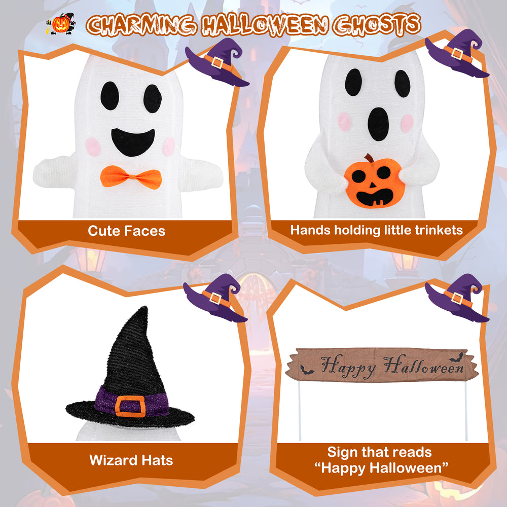 Set of 4 Halloween decorations featuring playful ghosts, a "Happy Halloween" sign, and LED lights for festive outdoor.