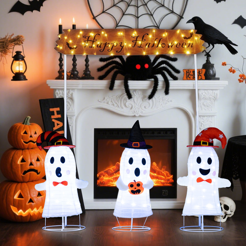 Front view of the "Happy Halloween" sign with warm white LEDs, ideal for welcoming festive outdoor displays.