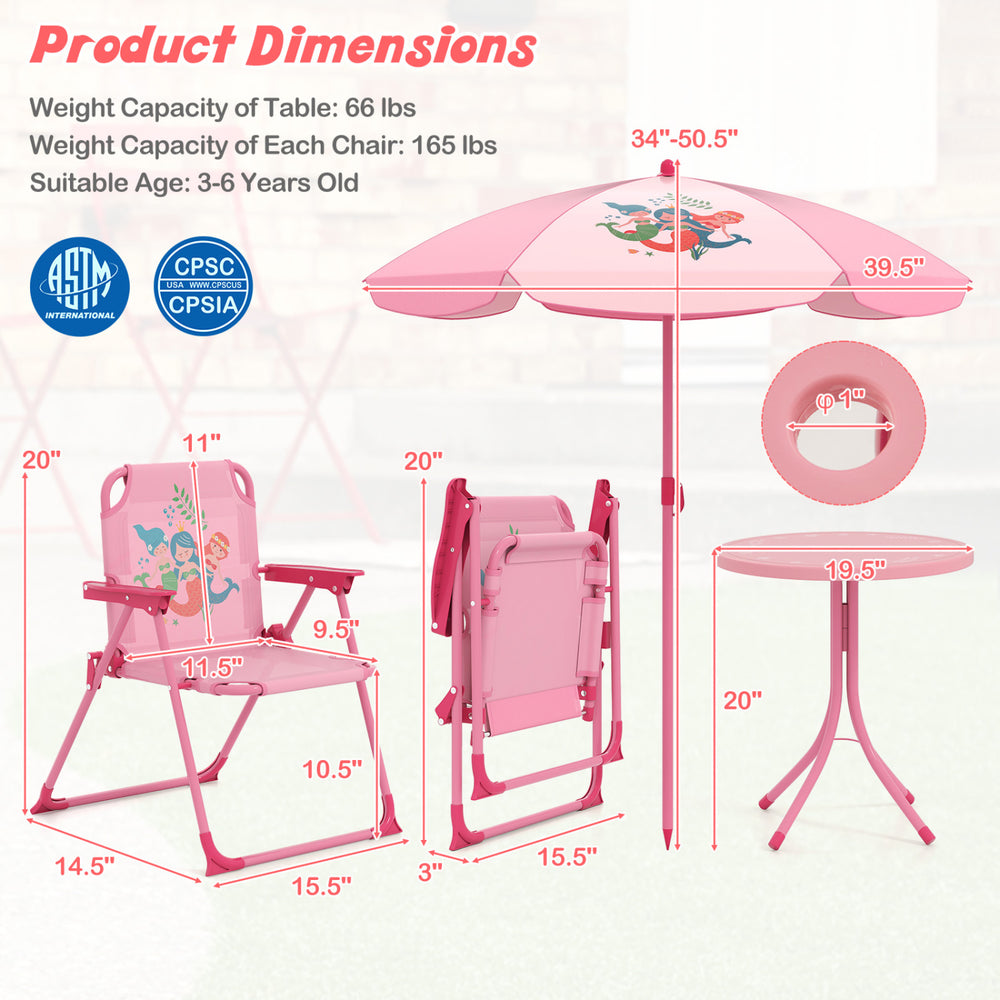 Kids picnic set featuring a pink table, two folding chairs, and an adjustable umbrella for outdoor fun and comfort.