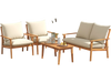 Outdoor acacia wood conversation set with soft cushions, featuring a loveseat, two armchairs, and a coffee table for.