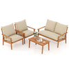4-piece outdoor acacia wood conversation set with soft cushions, including loveseat, two armchairs, and coffee table.