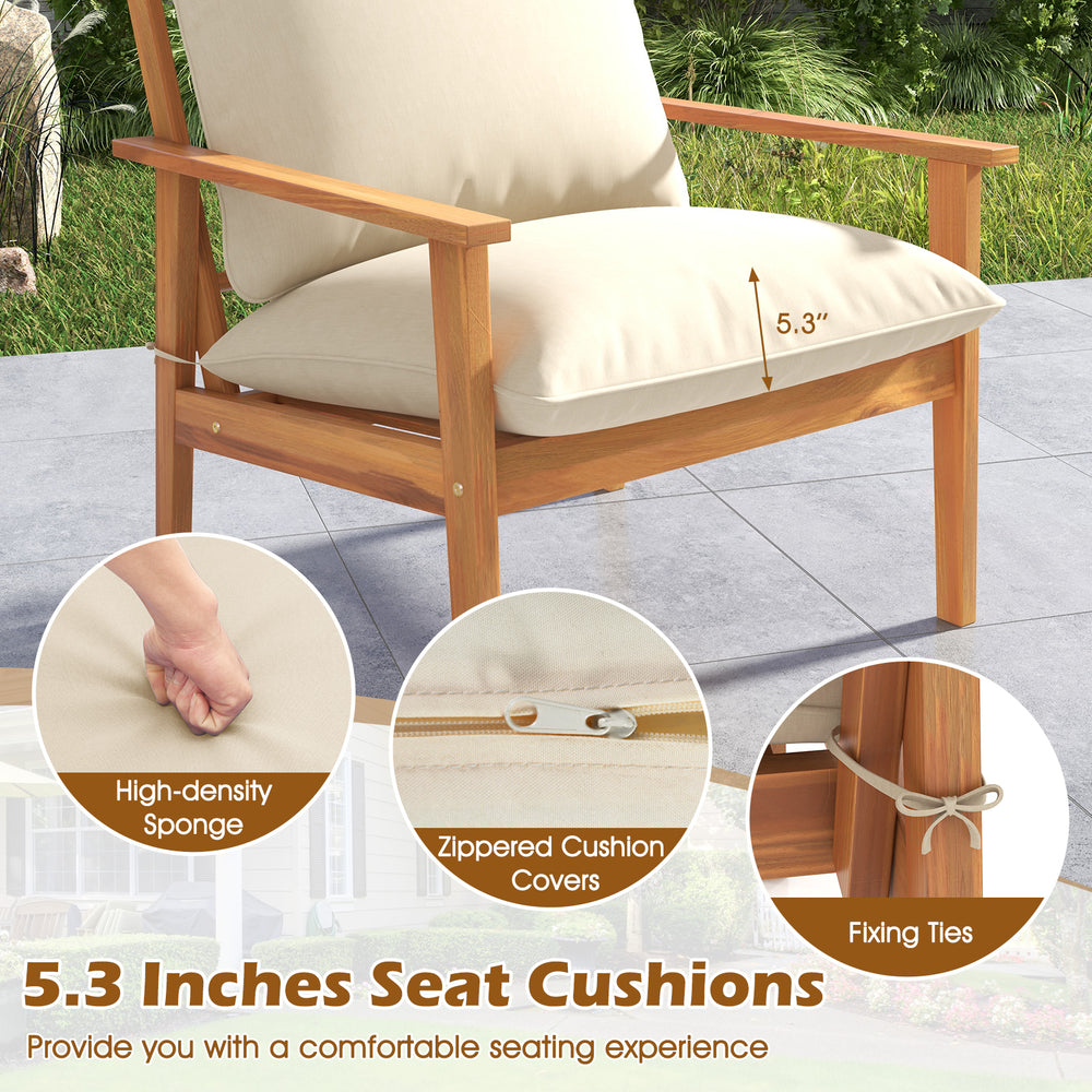 Close-up of 5.3-inch seat cushion on acacia wood armchair, featuring zippered cover and fixing ties for outdoor comfort.