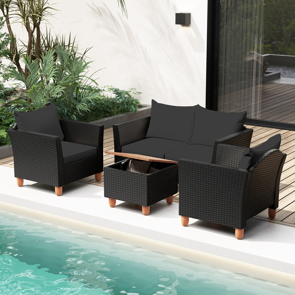 4 Pieces Outdoor Conversation Set with Storage Coffee Table-Black - Gallery View 1 of 9