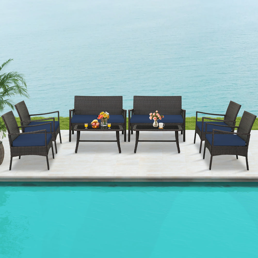 4 Pieces Outdoor Rattan Conversation Set with Tempered Glass Coffee Table-Navy - Gallery View 1 of 11