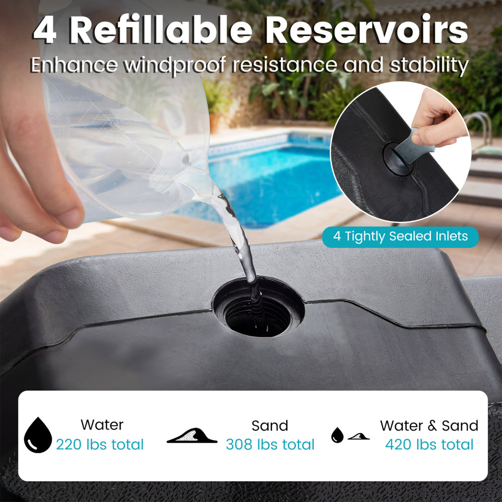 Close-up of the refillable reservoir on a patio umbrella weight, made of weather-resistant PE material for stability.