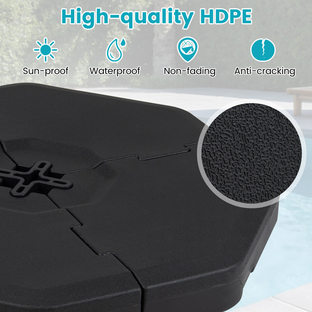 Octagonal black patio umbrella weight base plate set made of HDPE, designed for stability and easy outdoor use.