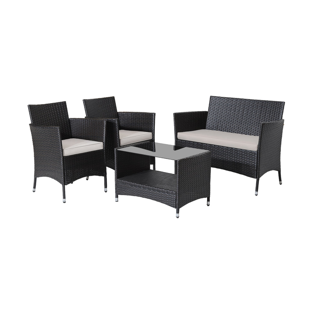 4-piece patio conversation set featuring a loveseat, 2 armchairs, and a tempered glass coffee table with soft cushions.