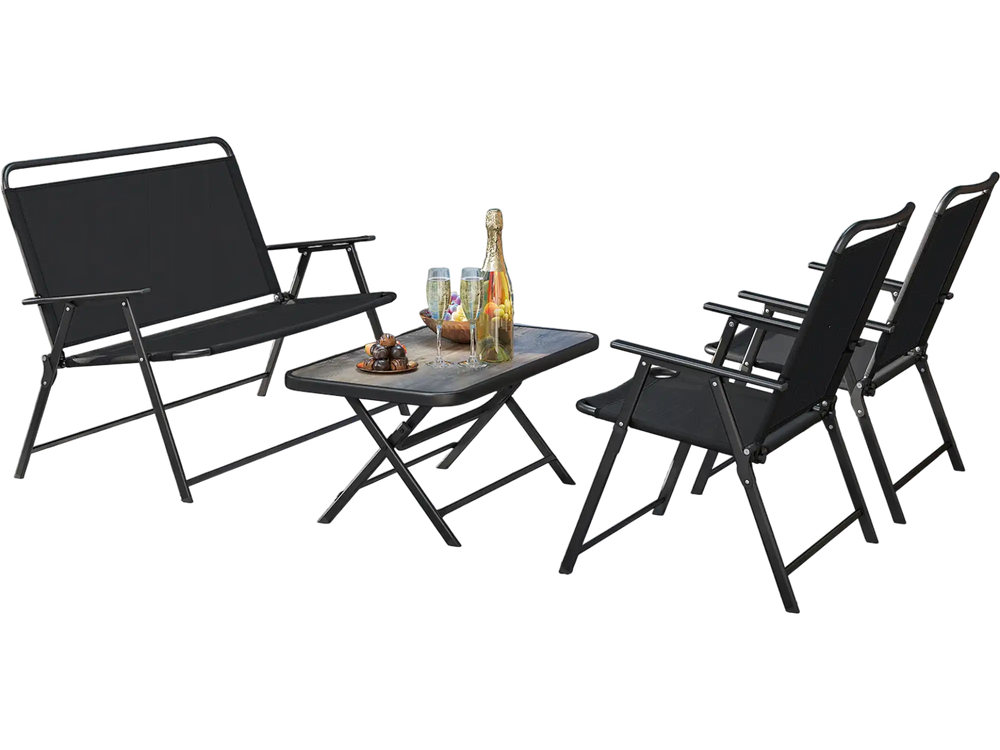 4-piece black folding patio furniture set featuring a coffee table and breathable chairs, perfect for outdoor.