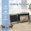 Folding patio set featuring a rustic SPC coffee table and two black chairs, perfect for space-saving outdoor use.