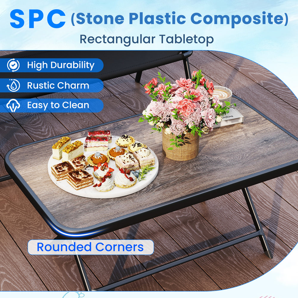 SPC rectangular tabletop coffee table with rounded corners, showcasing rustic charm, ideal for patio and outdoor use.