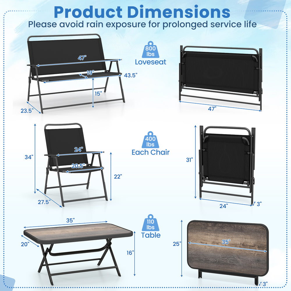 Dimensions of the 4-piece black patio folding furniture set, including loveseat, chairs, and SPC coffee table for.