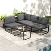 Gray 4-piece patio furniture set with cushions and coffee table, featuring sturdy metal construction for outdoor.