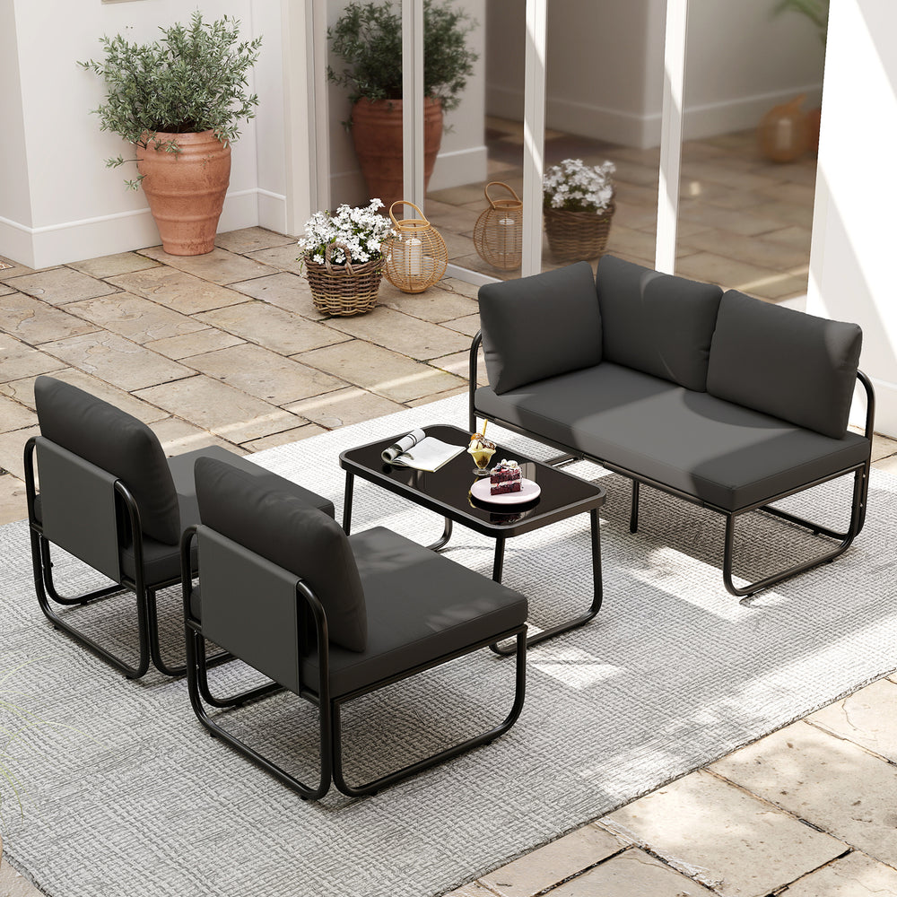 Single gray armchair from the 4-piece patio furniture set, showcasing soft cushions and sturdy metal frame for outdoor.