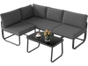 L-shaped gray patio furniture set with cushions and tempered glass coffee table for outdoor relaxation.