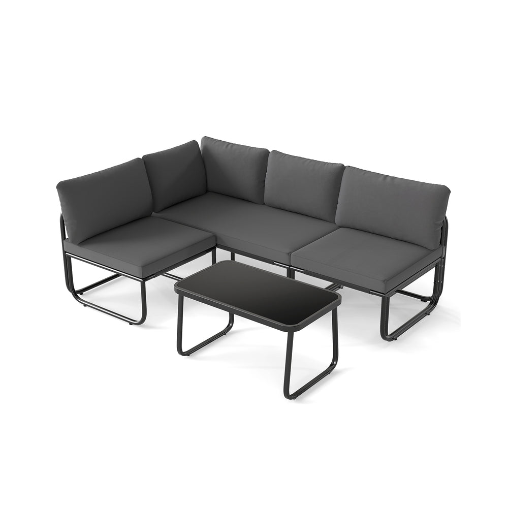 L-shaped gray patio sofa set with cushions and glass coffee table, designed for comfort and outdoor use.