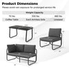Dimensions chart for the 4 Pieces Patio Furniture Set with Cushions, showing weight capacity and measurements for each.