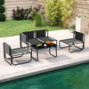 Gray 4-piece patio furniture set with cushions and coffee table, perfect for outdoor relaxation by the poolside.