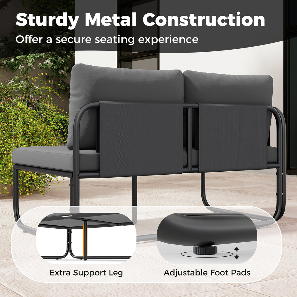 Patio furniture set featuring sturdy metal construction, adjustable foot pads, and soft gray cushions for outdoor.