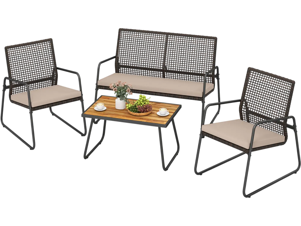 4 Pieces Patio Furniture Set with Acacia Wood Coffee Table and Zippered Cushions - Gallery View 1 of 9